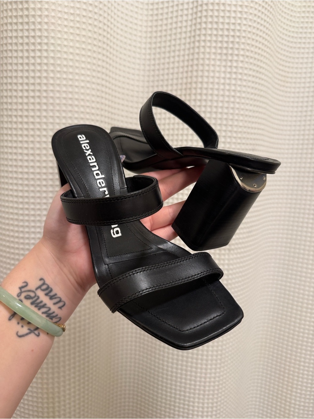 Alexander Wang Black Leather Double-Strap Block Heel Sandals - size 38 NWOT